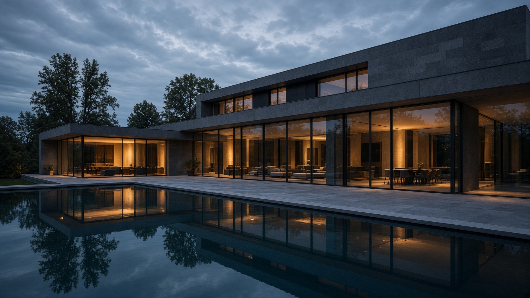 Zeitgenössische Villa in der blauen Stunde, warmes Licht aus dem Inneren