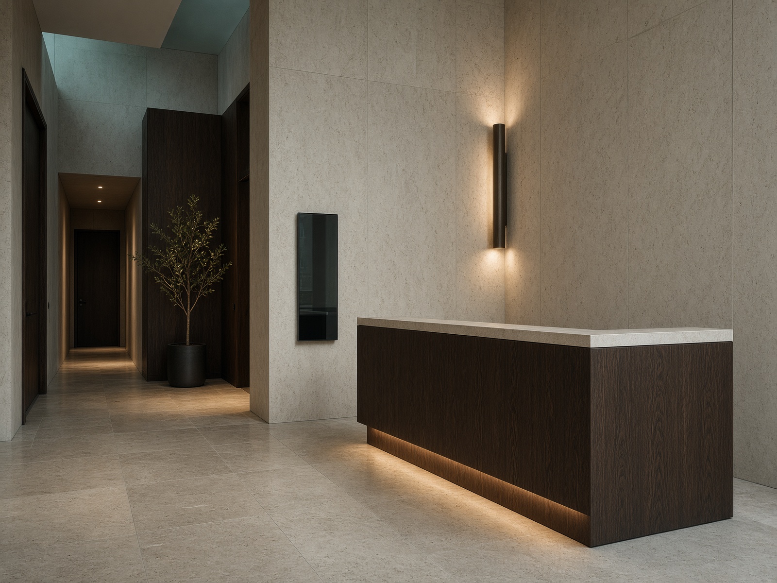 Premium-Empfang mit diskretem Glas-Terminal an der Wand